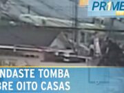 Flagra: guinaste que arrumava torre tomba e cai sobre oito casas; veja
