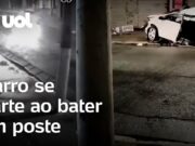 Carro se parte ao meio ao bater em poste em alta velocidade em São Paulo; veja