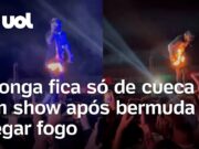 Rapper fica só de cueca no palco após bermuda pegar fogo em show no RJ; veja