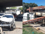 Hilux tomba em rotatória ao ser atingida por Strada que invadiu a preferencial