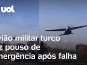 Avião militar turco sobrevoa estrada e faz pouso de emergência após falha; veja