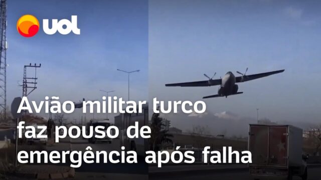 Avião militar turco sobrevoa estrada e faz pouso de emergência após falha; veja