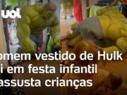Homem vestido de Hulk cai em festa infantil, assusta crianças e é ajudado para levantar; veja