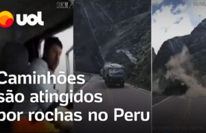 Deslizamento de rochas atinge caminhões em estrada no Peru; veja o exato momento