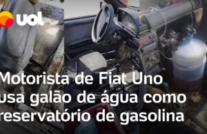 Motorista é flagrado em Fiat Uno caindo aos pedaços e com galão de água como tanque; veja