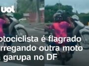 Motociclista é flagrado carregando outra moto e passageiro na garupa; veja