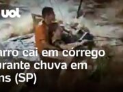 Carro cai em córrego durante forte chuva em Lins e três pessoas são resgatadas; veja
