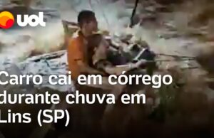 Carro cai em córrego durante forte chuva em Lins e três pessoas são resgatadas; veja