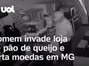 Homem invade loja de pão de queijo e masca chiclete olhando para a câmera em MG