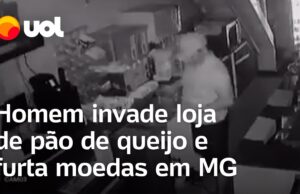 Homem invade loja de pão de queijo e masca chiclete olhando para a câmera em MG