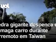 Pedra gigante despenca em estrada e esmaga carro em penhasco