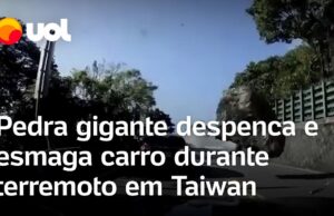 Pedra gigante despenca em estrada e esmaga carro em penhasco