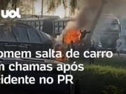 Homem salta de carro em chamas após acidente em Paranaguá (PR); veja o momento