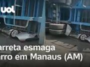 Carreta tomba em Manaus (AM) e esmaga carro; vídeo mostra como ficou veículo