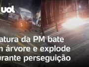 Viatura da PM bate e explode durante perseguição a ladrões em SP; veja momento
