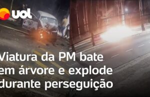 Viatura da PM bate e explode durante perseguição a ladrões em SP; veja momento