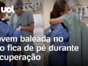 Adolescente baleada após pai entrar por engano na Maré fica de pé durante recuperação