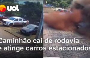 Caminhão tomba de rodovia e atinge carros estacionados; vídeo mostra momento