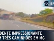 Imagens impressionantes mostram acidente envolvendo três caminhões em MG; veja