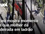 Mulher dá cadeirada em ladrão em bicicleta que tinha acabado de roubar celular; veja