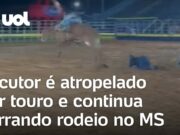 Locutor é atropelado por touro e continua narrando rodeio no MS; veja