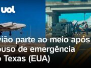 Avião faz pouso de emergência em rodovia, colide com carro e se parte ao meio; veja