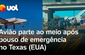 Avião faz pouso de emergência em rodovia, colide com carro e se parte ao meio; veja