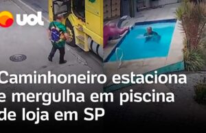 Calor faz homem estacionar caminhão e pular em piscina de loja com roupa em SP; veja