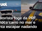 Motorista foge da PRF, entra com carro no mar e tenta escapar nadando; veja