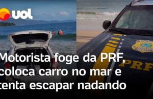 Motorista foge da PRF, entra com carro no mar e tenta escapar nadando; veja