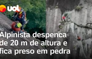 Alpinista despenca de 20 m de altura, fica preso em pedra e é resgatado