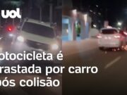 Moto de entregador é arrastada por carro em Manaus após colisão; veja