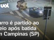 Carro é partido ao meio após batida, e motorista continua no volante em Campinas (SP)