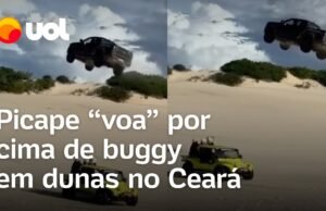 Picape ‘voa’ por cima de buggy em dunas no Ceará, e veículo fica destruído; veja