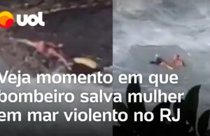 Bombeiro mergulha em mar violento, entre pedras, para salvar mulher em Niterói (RJ)