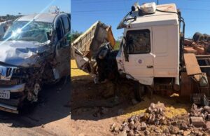 Batida entre carreta e L200 deixa feridos e trava rodovia