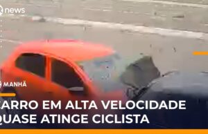 Veja Video – Ciclista escapa por pouco de acidente com carro em alta velocidade; veja