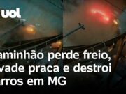Veja Vídeo – Caminhão ‘voa’ após perder o freio, invade praça e destrói carro em Minas Gerais; veja
