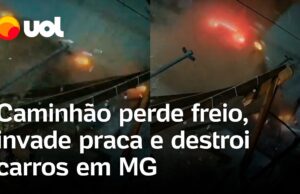 Veja Vídeo – Caminhão ‘voa’ após perder o freio, invade praça e destrói carro em Minas Gerais; veja