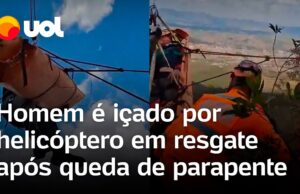 Homem é içado por helicóptero em resgate após queda de parapente; veja vídeo
