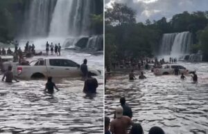 Vídeo – Caminhonete desgovernada desce trilha e invade área de banhistas em cachoeira
