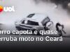 Veja Vídeo – Cena de cinema! carro capota e quase derruba motociclista no Ceará; veja