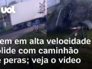 Veja Vídeo – Trem bate em caminhão de peras, destrói veículo e espalha frutas; veja acidente