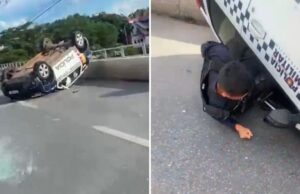 Viatura da Polícia Militar capota na Ponte Nova e causa susto a motoristas