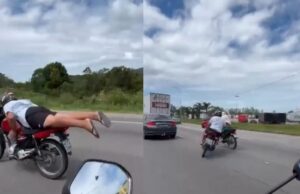 Veja Vídeo – Manobra “superman” de motociclista termina em colisão na BR-101 em SC; veja