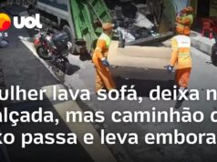 Veja Vídeo – Mulher lava sofá, deixa na calçada, mas caminhão do lixo passa e leva embora; veja