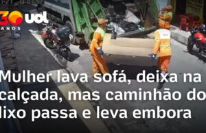 Veja Vídeo – Mulher lava sofá, deixa na calçada, mas caminhão do lixo passa e leva embora; veja