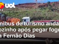 Veja Vídeo – Ônibus em chamas anda sozinho e causa interdição completa na Fernão Dias, em MG