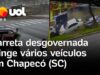 Veja Vídeo – Carreta desgovernada provoca engavetamento com 8 veículos e deixa feridos em Santa Catarina;
